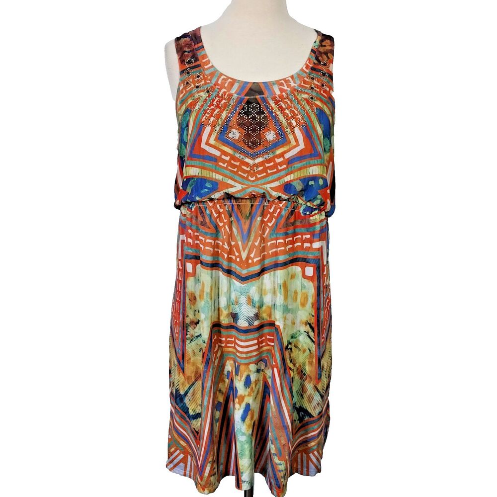 One World Tank Dress Womens Size PM Multicolor Boho Festival Casual Sundress